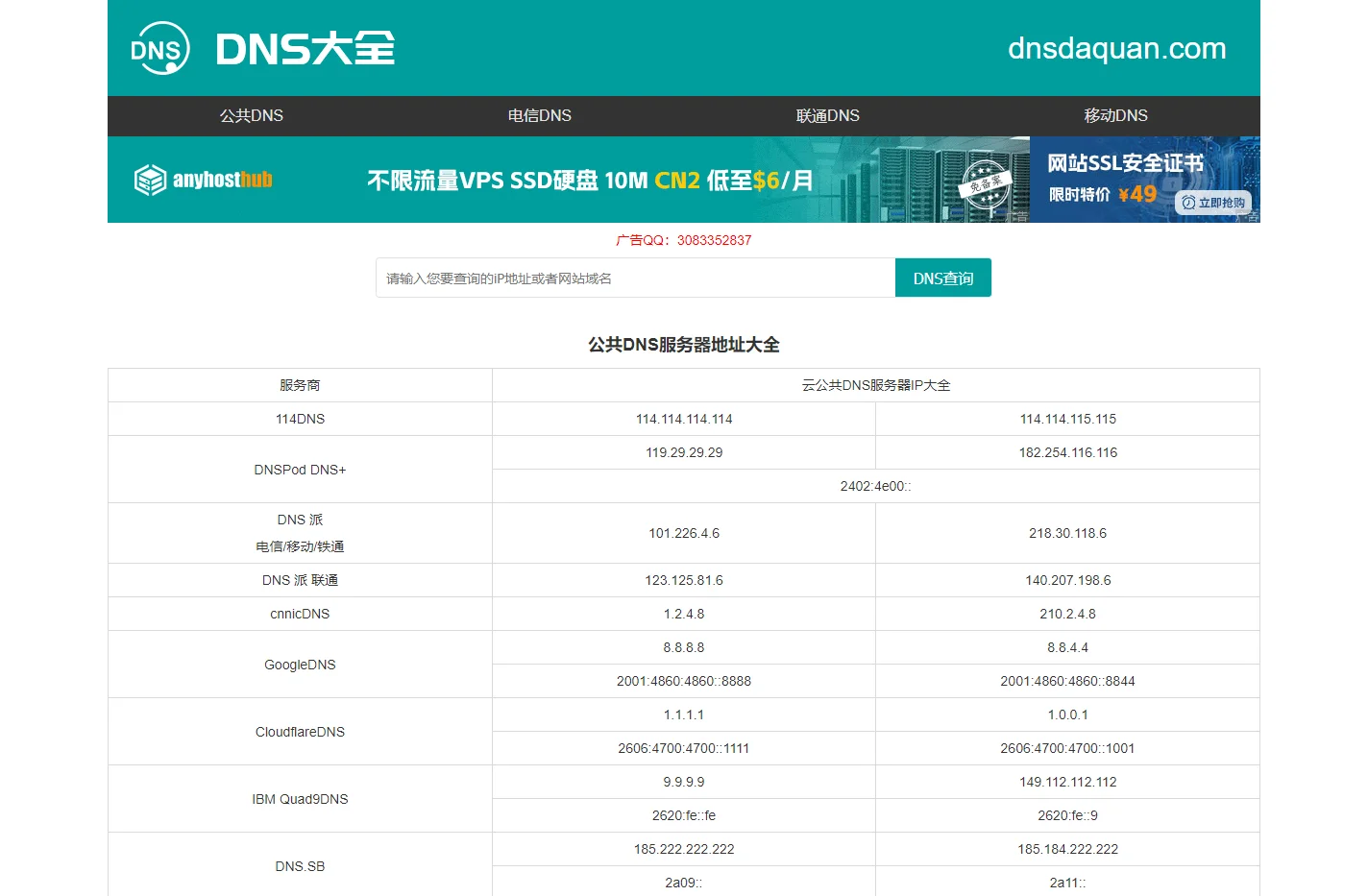 全国DNS服务器IP地址大全 公共DNS大全 dns地址大全 dns大全