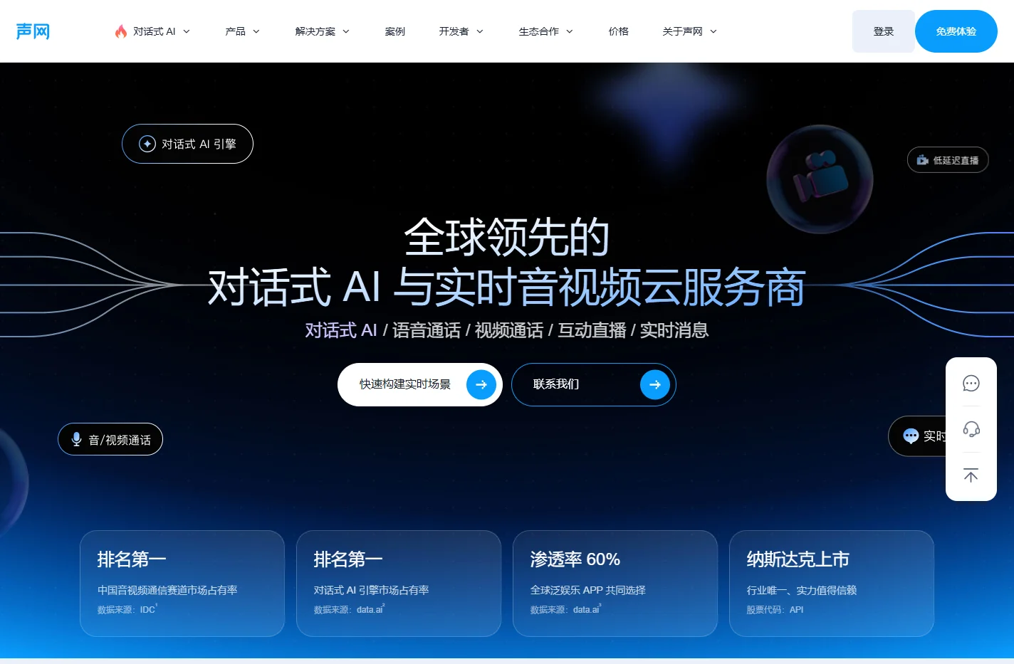 全球领先的对话式AI与实时音视频云服务商 - 声网