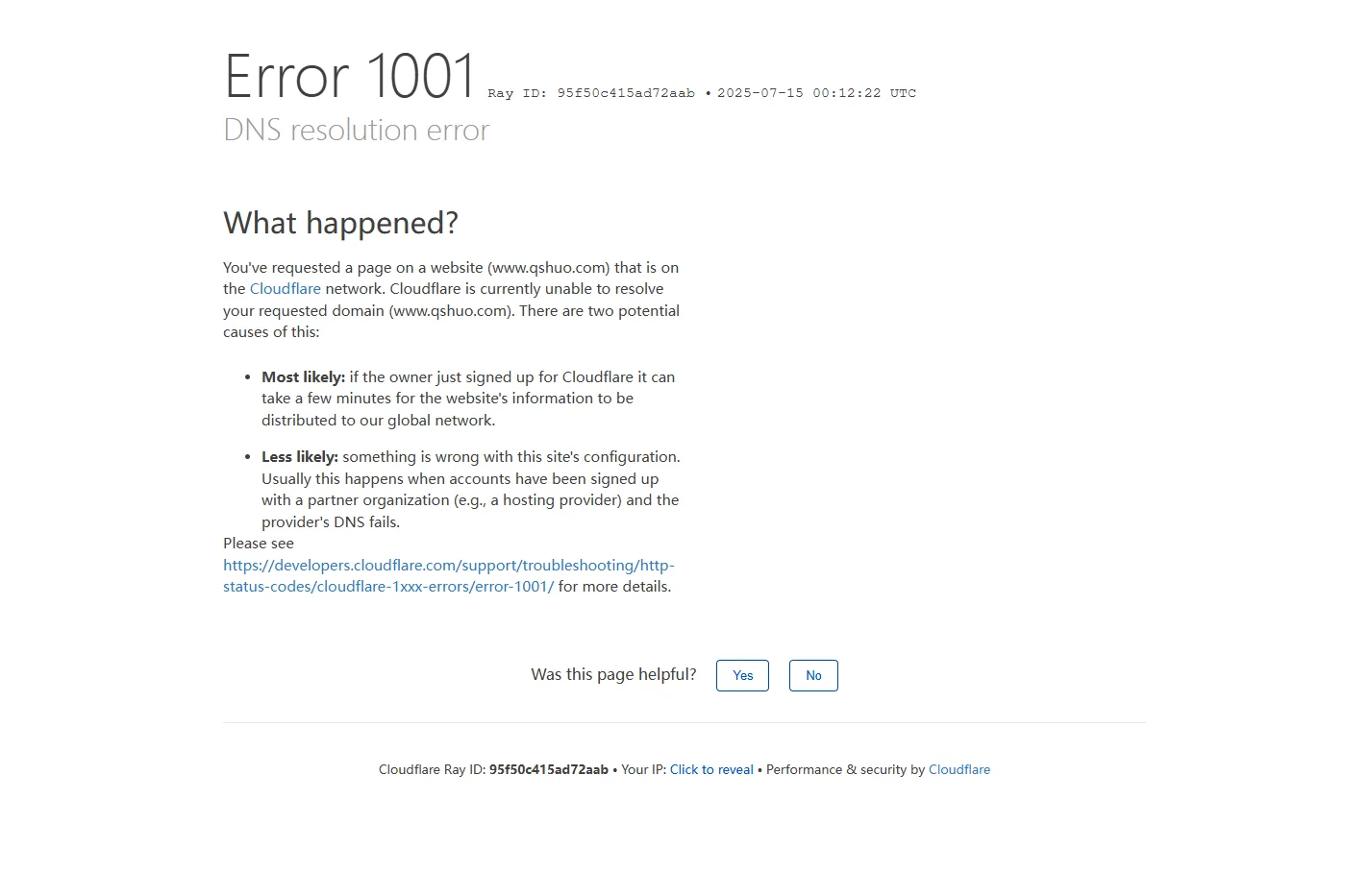 DNS resolution error | www.qshuo.com | Cloudflare