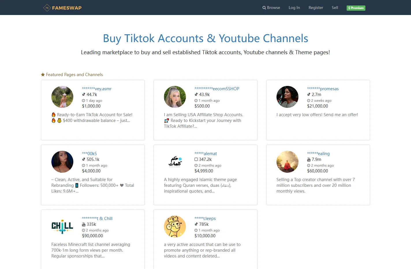 Buy TikTok Accounts, Youtube Channels & Theme Pages - Famesw
